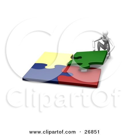 Clipart Illustration of a White Figure Character Crouching And Fitting Four Colorful Jigsaw Together by KJ Pargeter