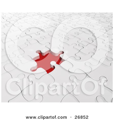 Clipart Illustration of a Missing White Jigsaw Puzzle Space Showing Red Underneath by KJ Pargeter