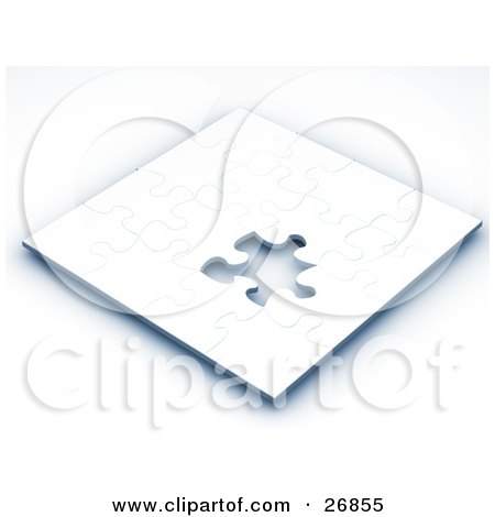 Clipart Illustration of an Incomplete White Jigsaw Puzzle Game With One Missing Piece by KJ Pargeter