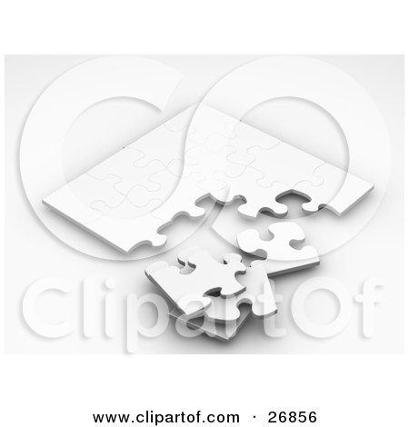Clipart Illustration of a Stack Of Pieces Resting B An Incomplete White Jigsaw Puzzle Game by KJ Pargeter