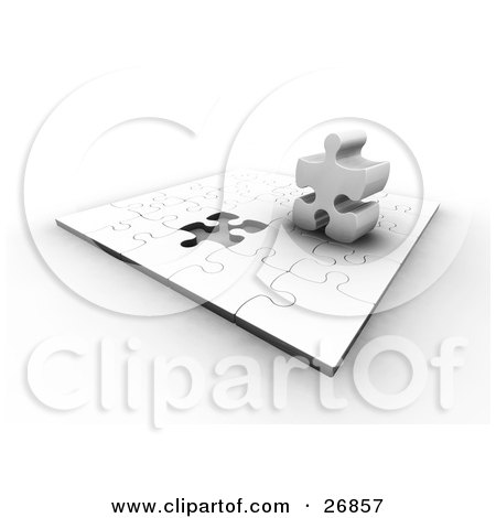 Clipart Illustration of a Thick White Jigsaw Puzzle Piece Standing Up On Top Of A White Puzzle by KJ Pargeter