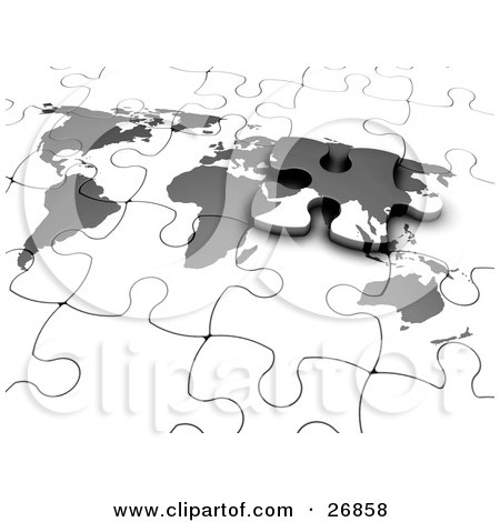 Clipart Illustration of a Final Europe Piece Of A Gray And White World Map Jigsaw Puzzle Sliding Into Its Space by KJ Pargeter