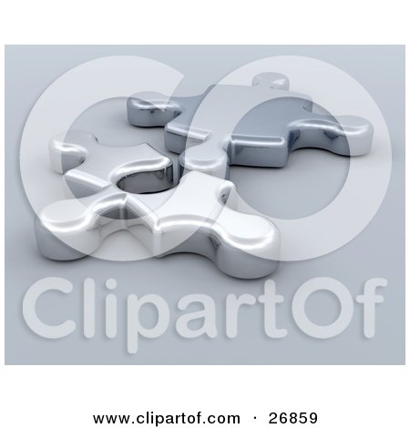 Clipart Illustration of Two Light And Dark Silver Jigsaw Puzzle Pieces Resting Beside Each Other by KJ Pargeter
