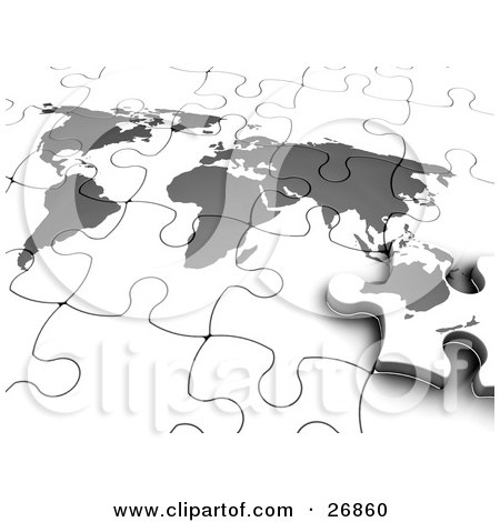 Clipart Illustration of a Final Australia Piece Of A Gray And White World Map Jigsaw Puzzle Sliding Into Its Space by KJ Pargeter