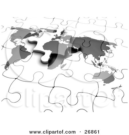 Clipart Illustration of a Final Piece Of A Gray And White World Map Jigsaw Puzzle Sliding Into Its Space by KJ Pargeter