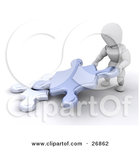 Clipart Illustration of a White Character Fitting Two Jigsaw Puzzle Pieces Together by KJ Pargeter