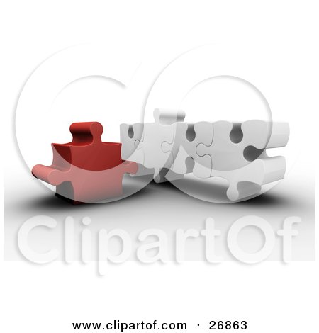 Clipart Illustration of a Red Jigzaw Puzzle Pieces Standing Beside Four Connected White Pieces, Symbolizing Incompatibility by KJ Pargeter