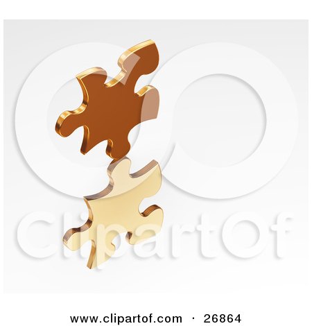 Clipart Illustration of a Golden Jigsaw Puzzle Piece Reflecting On A White Surface by KJ Pargeter