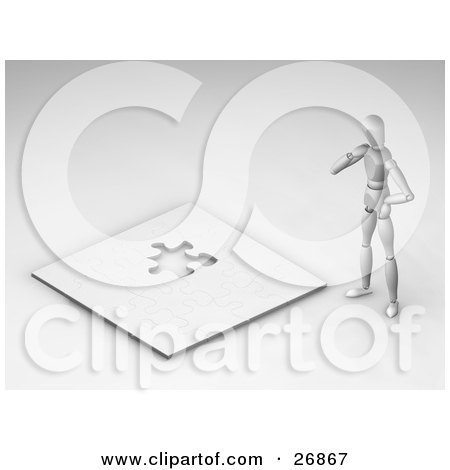 Clipart Illustration of a White Figure Character Standing Near A Jigsaw Puzzle With One Piece by KJ Pargeter