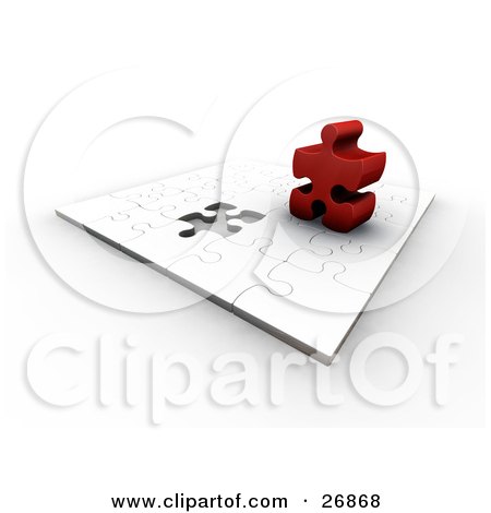Clipart Illustration of a Thick Red Jigsaw Puzzle Piece Standing Up On Top Of A White Puzzle by KJ Pargeter