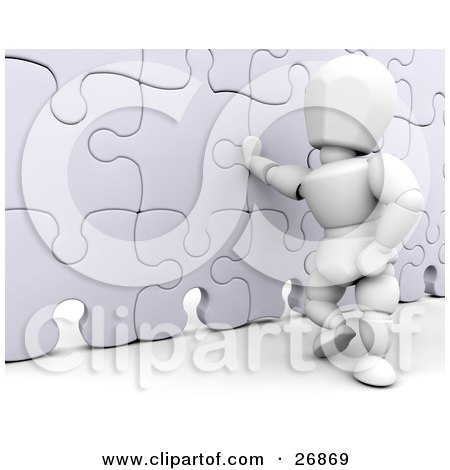 Clipart Illustration of a White Character Leaning Against A Competed Jigsaw Puzzle Wall by KJ Pargeter