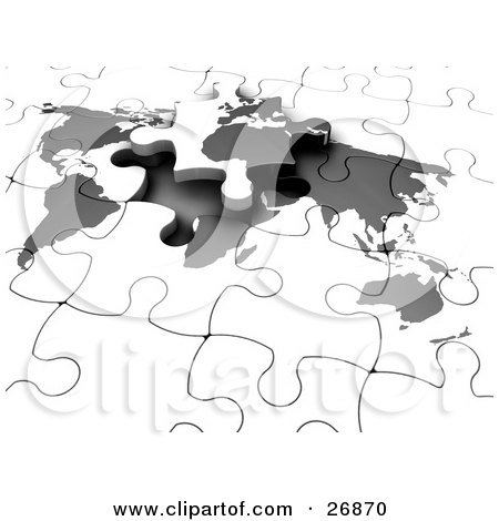 Clipart Illustration of a Final Europe And Africa Piece Of A Gray And White World Map Jigsaw Puzzle Sliding Into Its Space by KJ Pargeter