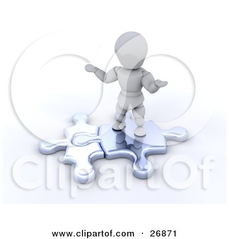 Clipart Illustration of a White Character Standing On Two Puzzle Pieces, Wondering Where The Other Pieces Are by KJ Pargeter