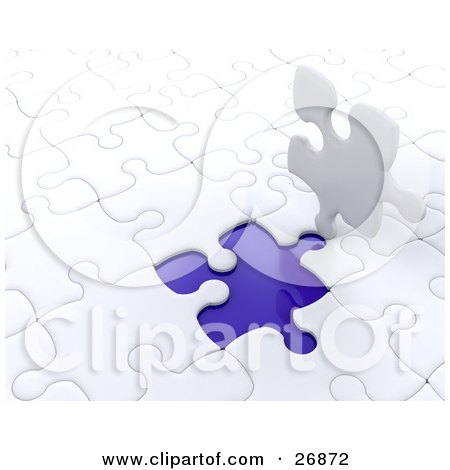 Clipart Illustration of a White Jigsaw Puzzle Piece Standing Up Over A Blue Space by KJ Pargeter