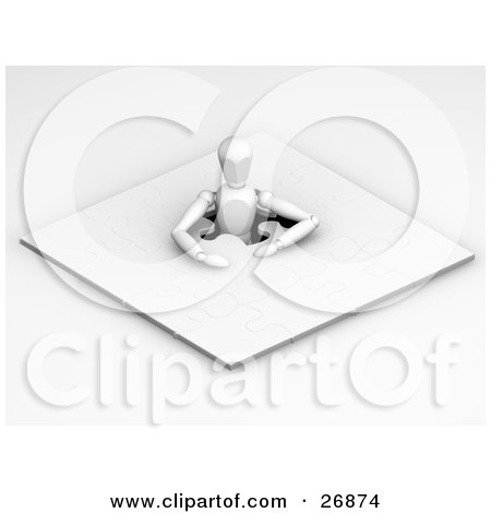 Clipart Illustration of a White Figure Character Emerging From The Center Of An Incomplete Jigsaw Puzzle by KJ Pargeter