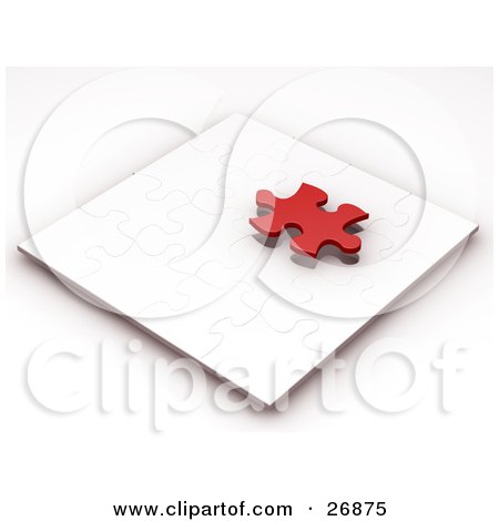 Clipart Illustration of a Red Jigsaw Puzzle Piece Hovering Above A Nearly Completed White Puzzle by KJ Pargeter