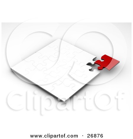 Clipart Illustration of a Red Jigsaw Puzzle Piece Finalizing The Corner Of A Completed White Puzzle by KJ Pargeter