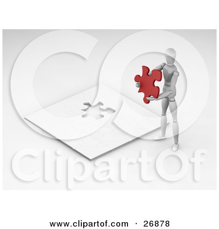 Clipart Illustration of a White Figure Character Holding A Red Jigsaw Puzzle Piece And Standing Above The Nearly Completed Game by KJ Pargeter