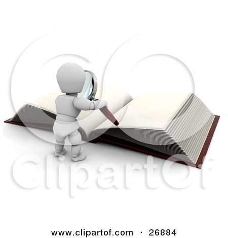 Clipart Illustration of a White Character Standing In Front Of A Giant Book With Blank Pages, Holding A Magnifying Glass by KJ Pargeter