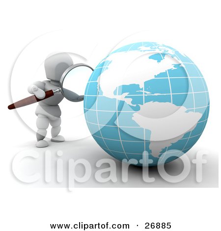 Clipart Illustration of a White Character Viewing A Globe With A Magnifying Glass by KJ Pargeter