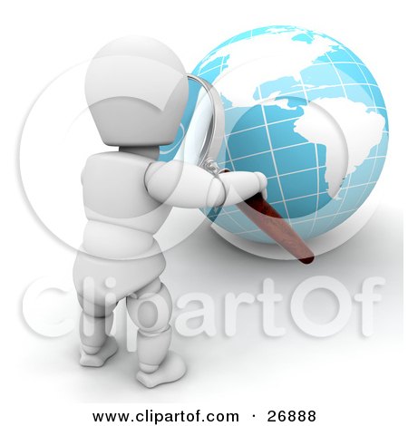 Clipart Illustration of a White Character Inspecting A Globe With A Magnifying Glass by KJ Pargeter