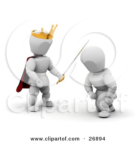 Clipart Illustration of a King White Character Wearing A Golden Crown And Knighting A Kneeling Knight With A Sword by KJ Pargeter