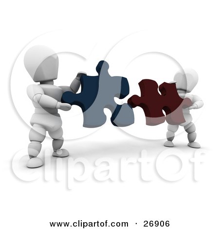 Clipart Illustration of Two White Characters Holding Red And Blue Jigsaw Puzzle Pieces And Trying To Fit Them Together by KJ Pargeter