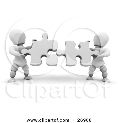 Clipart Illustration of Two White Characters Holding White Jigsaw Puzzle Pieces And Trying To Fit Them Together by KJ Pargeter