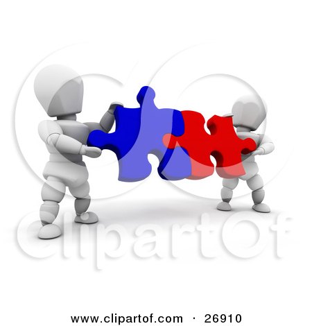 Clipart Illustration of Two White Characters Holding Red And Blue Jigsaw Puzzle Pieces And Fitting Them Together by KJ Pargeter
