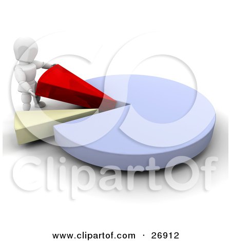 Clipart Illustration of a White Character Inserting Red And Yellow Pieces Into A Blue Pie Chart by KJ Pargeter