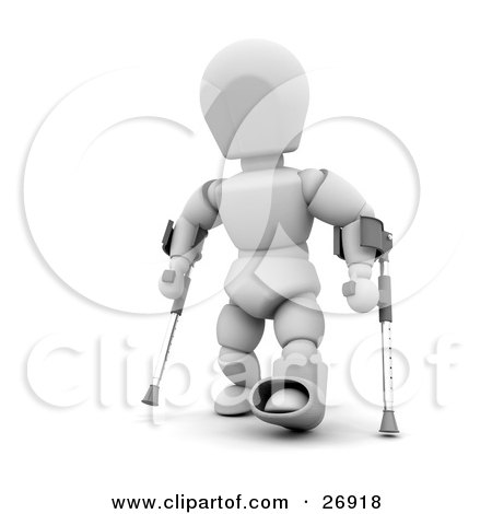 Clipart Illustration of an Injured White Character With One Foot In A Cast, Using Two Crutches by KJ Pargeter
