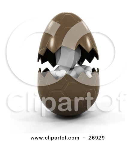 Clipart Illustration of a White Character Hatching Out From A Cracked Brown Easter Egg by KJ Pargeter