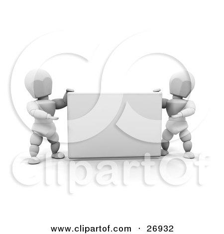 Clipart Illustration of Two White Characters Holding Up And Presenting A Blank White Sign by KJ Pargeter