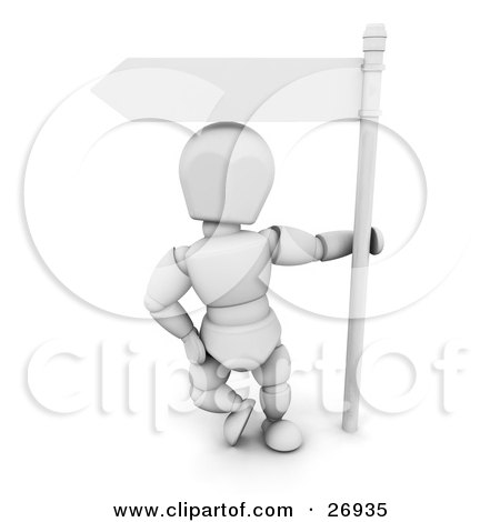 Clipart Illustration of a White Character Pulling On The Pole Of A Blank White Street Sign by KJ Pargeter