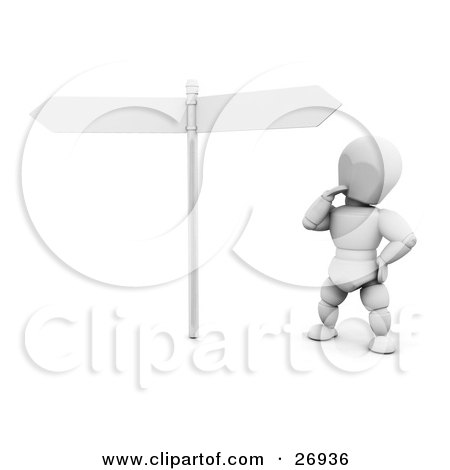 Clipart Illustration of a White Character Looking Up Two Blank White Street Signs At A Crossroads by KJ Pargeter
