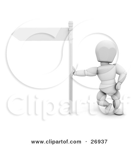 Clipart Illustration of a White Character Leaning Against The Pole Of A Blank White Street Sign by KJ Pargeter
