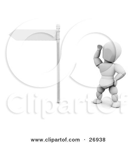 Clipart Illustration of a White Character Looking Up At A Blank White Street Sign by KJ Pargeter