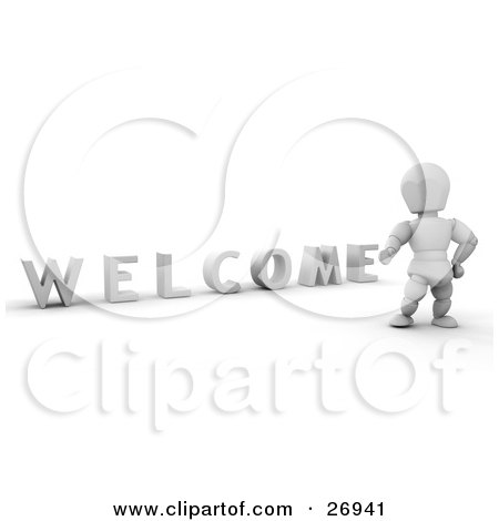 Clipart Illustration of a White Character Standing By WELCOME by KJ Pargeter