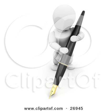 Clipart Illustration of a White Character Writing With A Giant Ink Pen by KJ Pargeter