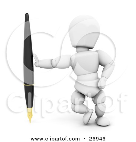 Clipart Illustration of a White Character Leaning Against A Giant Ink Pen by KJ Pargeter