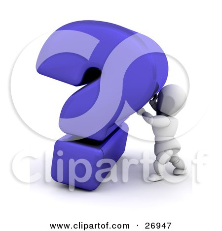 Clipart Illustration of a White Character Pushing Up Against A Big Blue Question Mark by KJ Pargeter