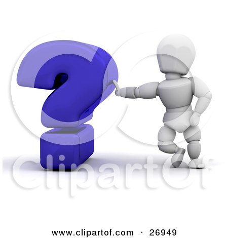 Clipart Illustration of a White Character Leaning Against A Blue Question Mark by KJ Pargeter