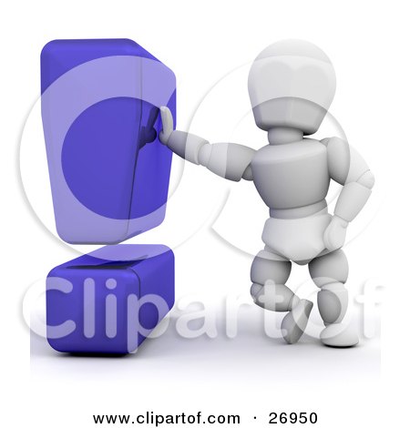 Clipart Illustration of a White Character Leaning Against A Blue Exclamation Point by KJ Pargeter