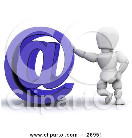 Clipart Illustration of a White Character Leaning Against A Blue Arobase Or at Symbol by KJ Pargeter