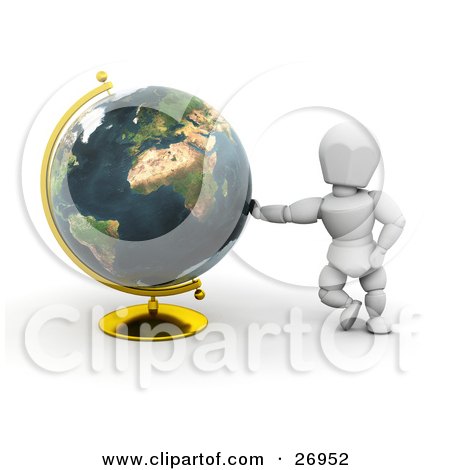 Clipart Illustration of a White Character Leaning Against A Globe On A Golden Stand by KJ Pargeter