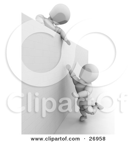 Clipart Illustration of a White Character Leaning Over A Wall And Giving A Friend A Helping Hand by KJ Pargeter