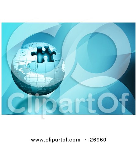 Clipart Illustration of a Blue Jigsaw Puzzle Globe With One Missing Piece, On A Blue Wave Background by KJ Pargeter