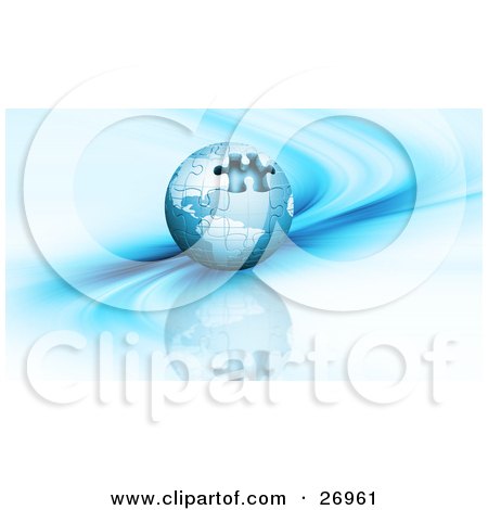 Clipart Illustration of a Blue Jigsaw Puzzle Globe With One Missing Piece, On A Blue Background With Waves by KJ Pargeter