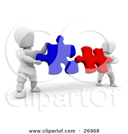 Clipart Illustration of Two White Characters Fitting Red And Blue Jigsaw Puzzle Pieces Together by KJ Pargeter
