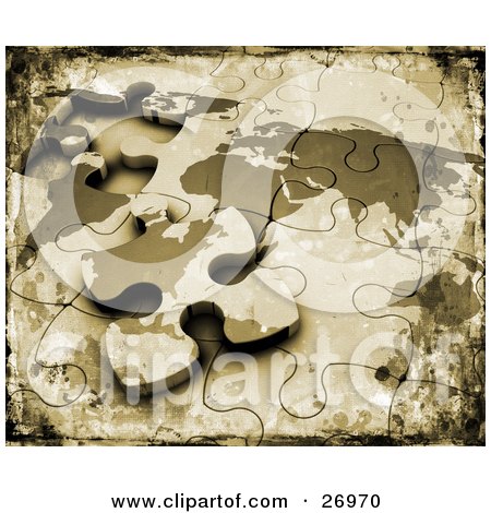 Clipart Illustration of a Grunge Textured Background Of An Incomplete World Map Puzzle With The Last Piece Resting On Top by KJ Pargeter